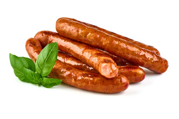 Grilled bbq sausages on the barbecue, isolated on white background.