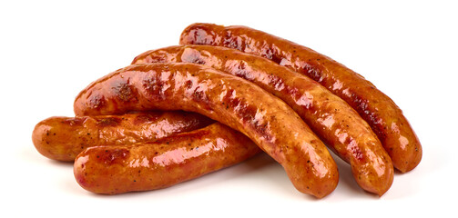 Grilled bbq sausages on the barbecue, isolated on white background.