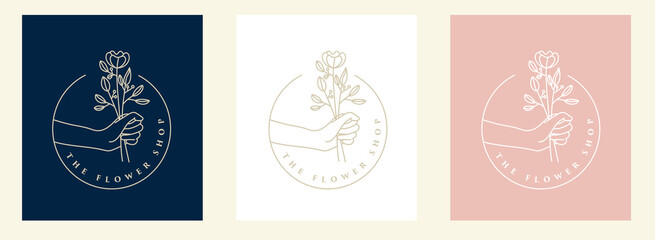 Hand drawn feminine woman beauty minimal face and floral botanical logo template for makeup spa salon skin & hair care line art portrait vector printable illustration design