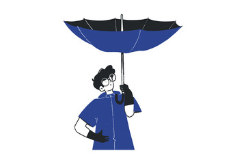 Boy using broken umbrella on rainy day