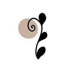 Branch with an abstract round spot. Artistic floral minimalist print. Isolated black silhouette of a plant with pastel drops. Modern watercolor shapes with leaves, acrylic ink blobs. Vector element