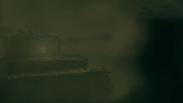 Toy tanks staging battle in ruined city with smoke effects. Macro view of T34 and Panther tanks. Models of famous tanks from WWII: Panther and T34