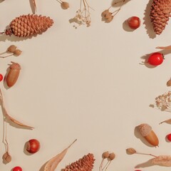 Frame made of viburnum, pine cones, acorns, gypsophila, dry plant, nuts, sagebrush, hawthorn on a beige background. Top view or flat lay