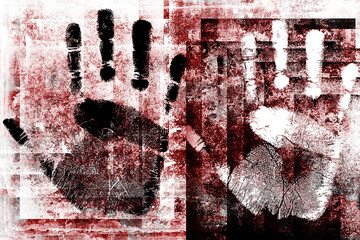 Black and white palm prints. Monochrome grunge Illustration