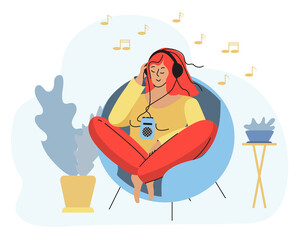 A girl with a player sits in a cozy chair, listening to music. Vector illustration
