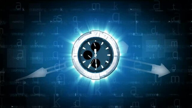 Animated Clock  Generating Letters Blue.Digitally generated animation of computer created clock against blue background.