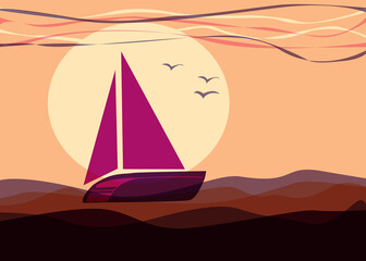 Sailboat in the sea at sunset. Vector illustration, landscape minimalism.  Design printing of posters, covers.