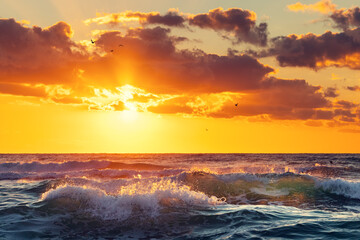 Fototapeta na wymiar Golden splashing waves and sunrise sea