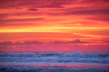 Sea wave close up, low angle view, sunrise shot