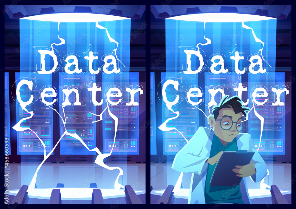 Poster data center posters with man engineer in room with server hardware. vector flyers of database techno