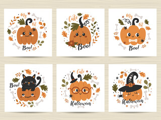 Set of posters with cute pumpkins.
