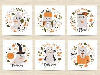 Set of posters with cute ghosts.