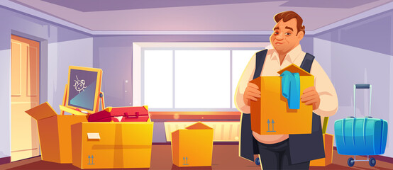 Move to new house, relocation. Man with boxes in room, home with cardboard containers full of household stuff, kids things and luggage, family moving to apartment concept, Cartoon vector illustration