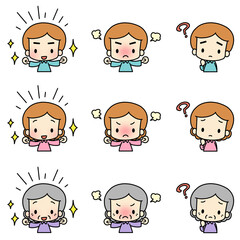 Illustrations of various facial expressions. Young people and the elderly.