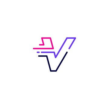 v letter dash lowercase tech digital fast quick delivery movement line outline monoline blue logo vector icon illustration