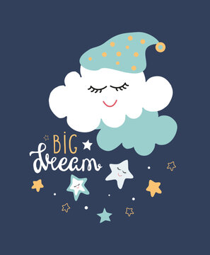 Kids poster cute character sleeping cloud and text Big dream. Decor for baby room. Kids print art