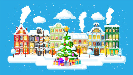 Christmas Card with Urban Landscape and Snowfall.