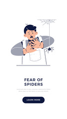 Fear of Spiders, Arachnophobia banner. Scared Child Character is afraid of spider. Phobias, Childhood Irrational Fears, Anxiety Disorder, Scared Faces emotion concept for web.Flat vector illustration