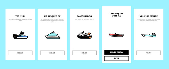 Boat Water Transportation Types Onboarding Mobile App Page Screen Vector. Runabout And Catamaran, Fishing And Bowrider, Motor Yacht And Cabin Cruiser Boat Illustrations
