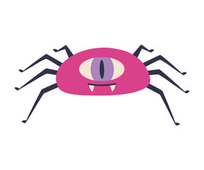 Halloween creepy spider with one eye, hand drawn scary illustration. Pink monster sticker. Traditional spooky October holiday symbol clip art design. Vector template, isolated on white background
