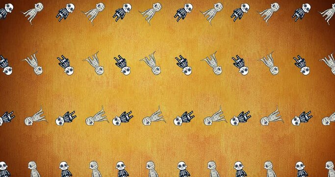 Animation of falling mummy and skeletons on orange background