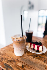 Blueberry cake on a plate in a cafe