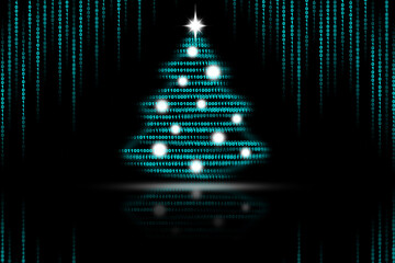 New Year or Christmas tree from binary code. Greeting card for the holiday. Innovative technologies. Digital code concept. Artificial intelligence. Design element