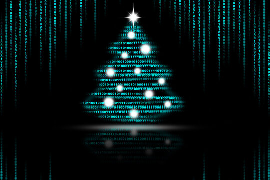 New Year or Christmas tree from binary code. Greeting card for the holiday. Innovative technologies. Digital code concept. Artificial intelligence. Design element