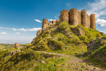 Panoramic view of famous Amberd fortress and Vahramashen Church in Armenia. It sits on the cliff with Arkashian River deep in the canyon