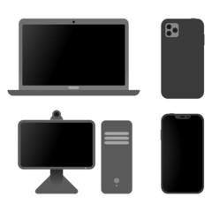 Isolated set of vector electronic devices: laptop, PC, smartphone, personal computer with webcam