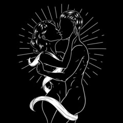 Woman and man kissing, beautiful sensual couple in love on space background. Vector illustration