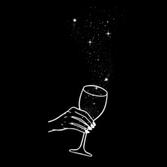 Cheers, girls drinking, hands with wine glasses and space stars potion, vector illustration