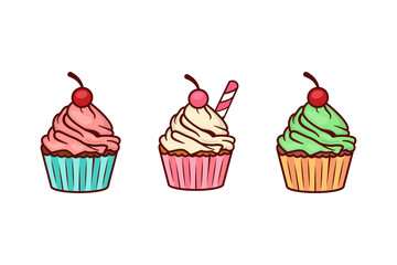 set of ice cream cup cake logo design template.  Vector flat outline icon. Comic character in cartoon style illustration for t shirt design. combination pink and blue colors