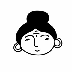 Obraz na płótnie Canvas Doodle girl face. Hand-drawn outline human isolated on white background. Funny Avatar. Cartoon Indian woman with round earrings, bun, Bindi. Female portrait. Hairstyle, emotions. Vector illustration