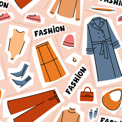 Vector seamless pattern on the theme of fashion. Cartoon background with women's wardrobe, clothes