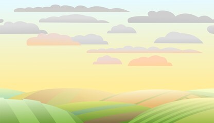 Rural vegetables and grassy hills. Farm cute landscape. Morning sunrise. Funny cartoon design illustration. Summer pretty sky. Flat style. Vector.