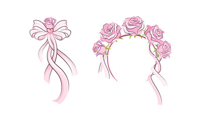 Obraz na płótnie Canvas Ballerina accessories set. Pink headband with rose flowers and bow hand drawn vector illustration