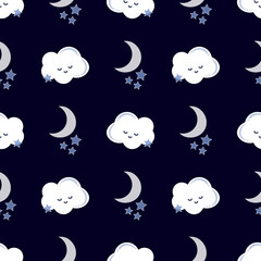 baby print cloud moon stars cute cartoon navy blue background seamless pattern