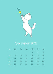 December 2022 calendar. Calendar template decorated with a cute white cat catching a star. Vector illustration 10 EPS.