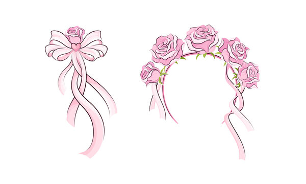 Ballerina accessories set. Pink headband with rose flowers and bow hand drawn vector illustration