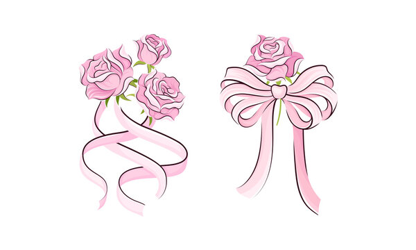 Ballerina accessories set. Pink bows with rose flowers hand drawn vector illustration
