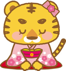 イラスト素材: 着物を着たかわいい寅シリーズ　主線あり　正座でお辞儀をする振袖姿の女の子
