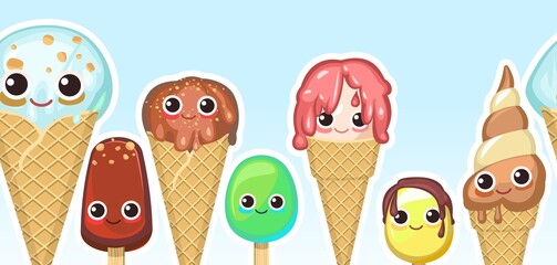 Different ice cream. Horizontal seamless background illustration. Funny cartoon characters. In waffle cups and cones. Creamy and chocolatey. Popsicle on a stick. Dairy and fruit product. Vector.