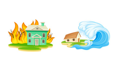 Natural disasters set. Fire and tsunami cataclysms cartoon vector illustration