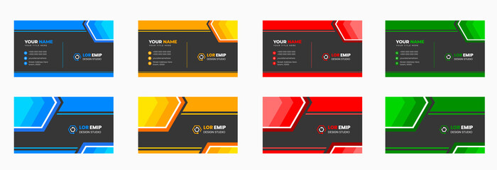 modern creative business card design template with Blue, yellow, red, and green color. unique shape modern business card design.