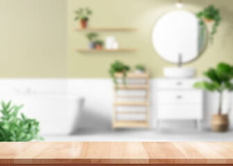 Empty brown wooden table product display montage with blurred bathroom interior background