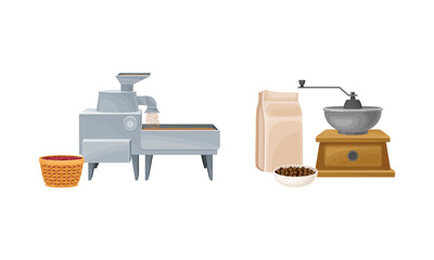 Coffee industry production set. Coffee beans hulling and grinding vector illustration
