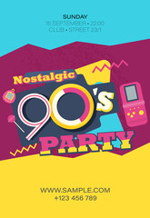 Party time The 90s style label. Vector illustration retro background