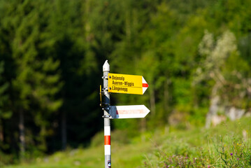 White and red sign for alpine hiking trail with sign post at Lake Klöntal on a sunny late summer morning. Photo taken September 4th, 2021, Klöntal, Switzerland.