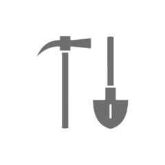 Mining axe with shovel grey icon. Isolated on white background